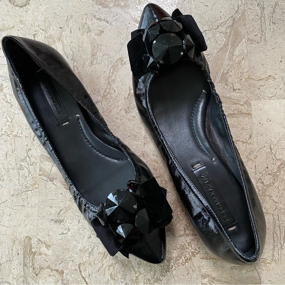 Elegant Ballerina Flat Black Pointed Toe Bow Rhinestones Brazil Size 7.5 B - Picture 3 of 12